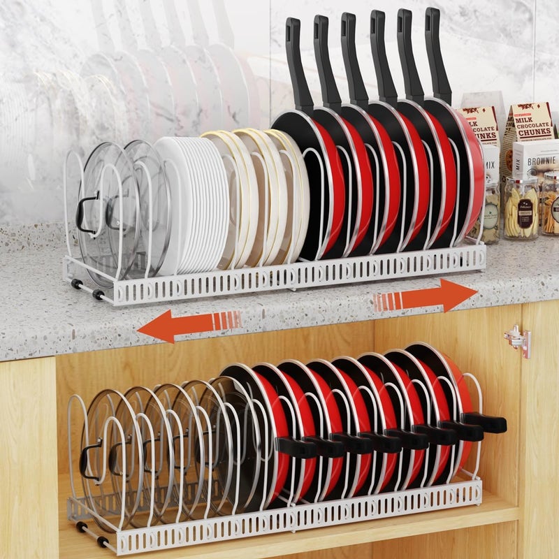 Housolution 2 Pack Pot and Pan Organizer Rack, 12"-23" Expandable Pot Lid Organizer with 14 Adjustable Dividers, Pan Holder Storage Rack for Kitchen Cabinet, White - Image 1